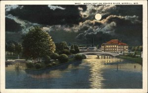 Merrill Wisconsin WI Prairie River and Bridge in Moonlight Vintage Postcard