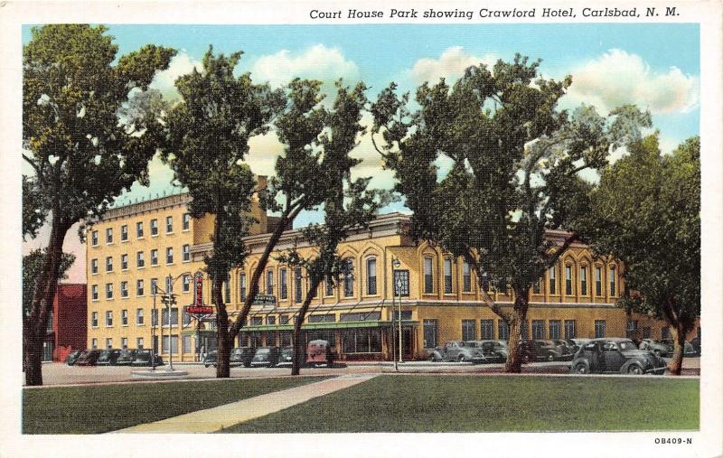 Carlsbad New Mexico~Court House Park Showing Crawford Hotel~1940s Linen Pc