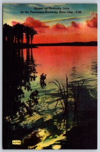 Tennessee~Sunset Scene On Kentucky Lake @ The State Line~Vintage Linen Postcard