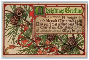 Christmas Postcard Greeting Pine Cone Galveston Texas TX 1911 Posted Antique