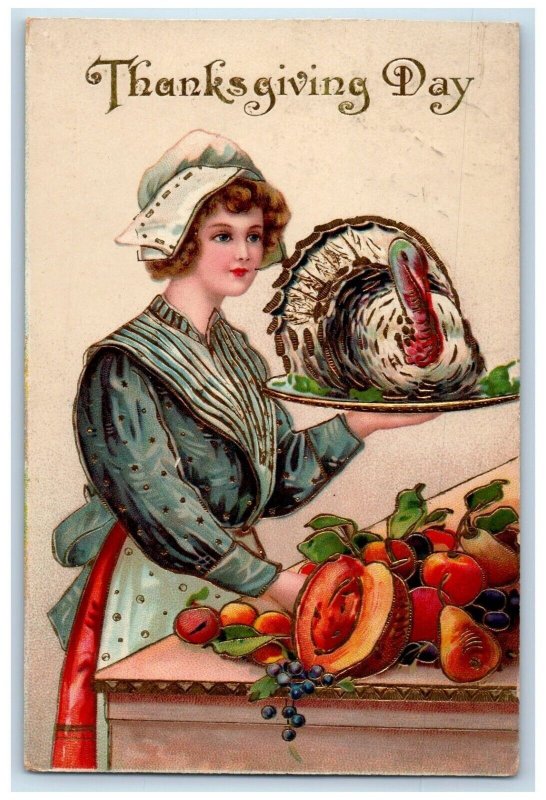 c1910's Thanksgiving Day Pretty Woman Turkey On Plate Gel Gold Gilt Postcard