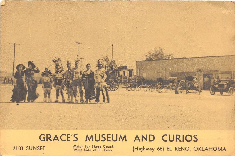 G11/ El Reno Oklahoma Postcard Highway 66 Grace's Museum Curios Indians