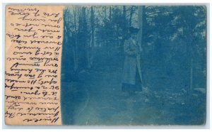 1906 Woman In Forest Hat View Cyanotype Dedham MA RPPC Photo Posted Postcard