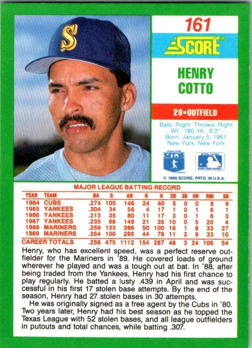 1990 Score Baseball Card Henry Cotto Seattle Mariners sk2674