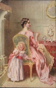 Little Girl Watches Beautiful Woman Knitting Sewing c1910 Vintage Postcard