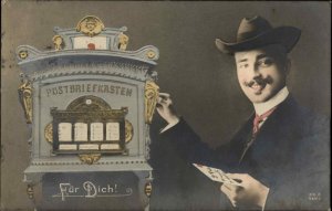 Man Mailing Letter German Ornate Metal Mailbox Postbriefkasten c1910 RPPC