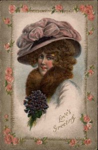 Art Nouveau Valentine Love's Greeting Fashionable Woman Fancy Hat 1910 Postcard