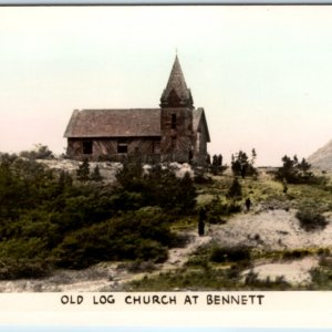 c1950s Bennett, BC RPPC Old Log Church Abandoned Chapel Ruins Hand Colored A156