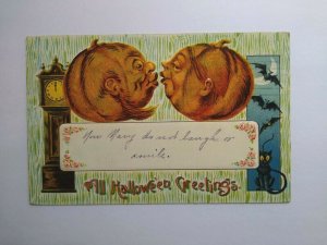 Vintage Halloween Postcard Gottschalk Kissing Goblins Bats Black Cat Series 2276