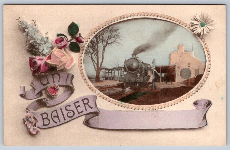 Un Baiser A Kiss Flowers Train In Station, Antique French Greetings Postcard CPA