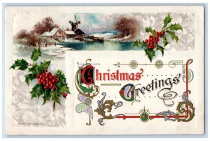 1911 Christmas Greetings Holly Windmill House Winter Snow John Winsch Postcard