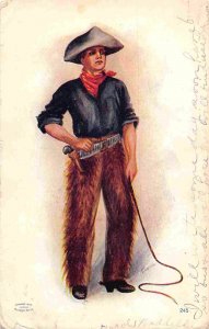 Cowboy Stock Whip Six Gun artist signed Connell 1907 postcard