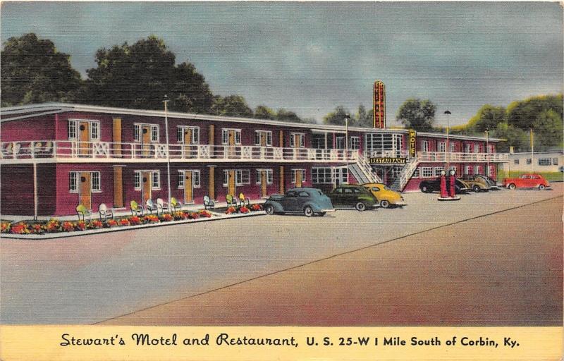 Corbin Kentucky~Stewart's Motel & Restaurant~40s Cars~Gas Pumps~Postcard