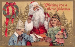 Santa red suit-children wearing hats-doll-1910 Merry Christmas gilt postcard