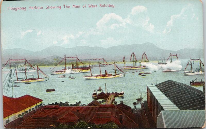 Hong Kong Harbour Showing Men of Wars Saluting China Ships Unused Postcard E44