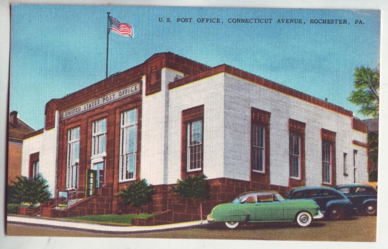 P1158 vintage postcard flag old cars post office connecticut ave rochester penn