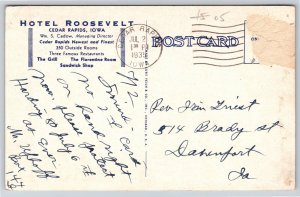 Cedar Rapids Iowa~Hotel Roosevelt Bldg Street View~PM 1935~Vintage Postcard