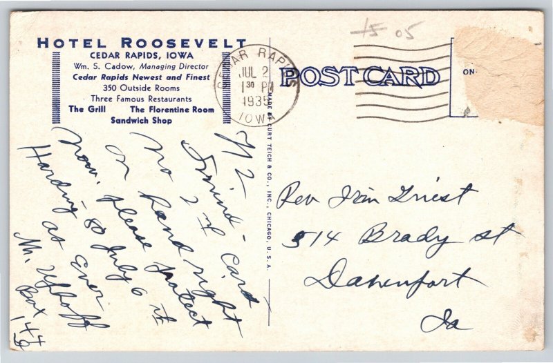 Cedar Rapids Iowa~Hotel Roosevelt Bldg Street View~PM 1935~Vintage Postcard