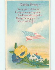 Pre-Linen patriotic USA FLAG WITH COUNTRY HOUSE ON BIRTHDAY GREETING HJ2906