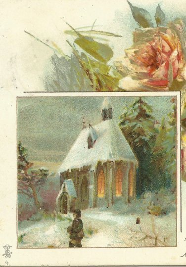 Snow Covered Church Roof and Bouquet of  Blush Pink Roses Traditional Christmas