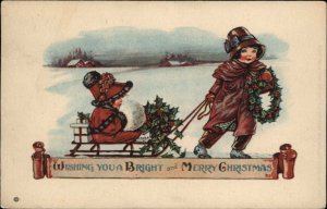 Christmas Children Bonnet Muff Girl Pulled in Sled c1900s-20s Postcard
