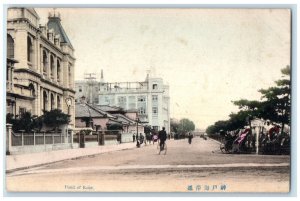 c1910 Rickshaw Biking in Street Scene Bund of Kobe Japan Antique Postcard