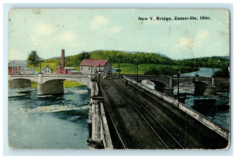 c1912 New Y. Bridge Trolley Train Zanesville Philo Ohio OH Antique Postcard 