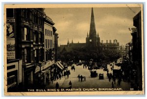 c1940's The Bull Ring & St. Martin's Church Birmingham England Postcard
