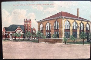 Vintage Postcard 1939 Carnegie Library & Christian Church, Chicksha, OK