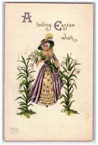 1913 Easter Pretty Woman Feather Big Hat With Lilies Flowers Antique Postcard
