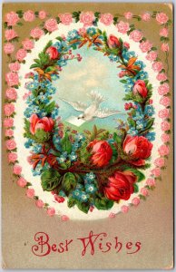 1910's Best Wishes Pink Roses Frame White Dove Floral Posted Postcard
