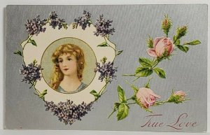 True Love Shimmering Silver Woman Portrait Floral Heart Embossed Postcard T7