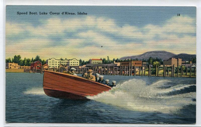 Speed Boat Lake Coeur d'Alene Idaho 1950s linen postcard