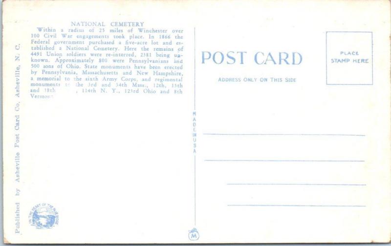 WINCHESTER, Virginia  VA    NATIONAL CEMETERY   c1940s Linen  Postcard