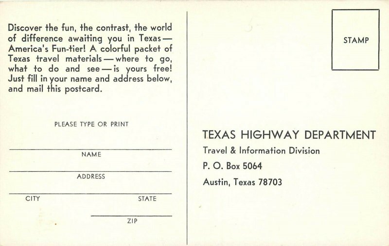 1960s Postcard Free Travel Kit Ad, Texas Highway Department, Happy Woman w/ Maps