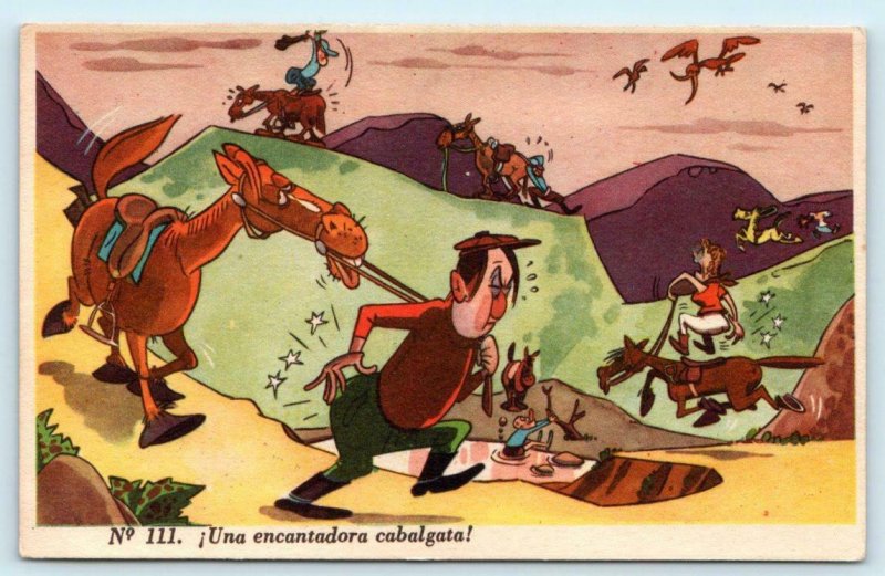 ARGENTINA COMIC Stubborn Horse UNA ENCANTADORA CABALGATA c1950s Postcard