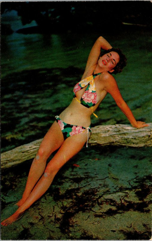 Vtg 1960's Bathing Beauty Woman Bikini Swimsuit Chrome Postcard