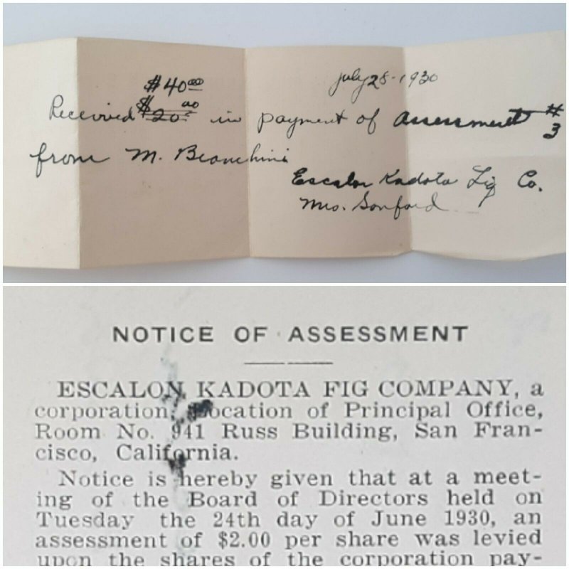 1930 San Francisco Escalon Kadota Fig Co. Notice Assessment Hand Written Receipt