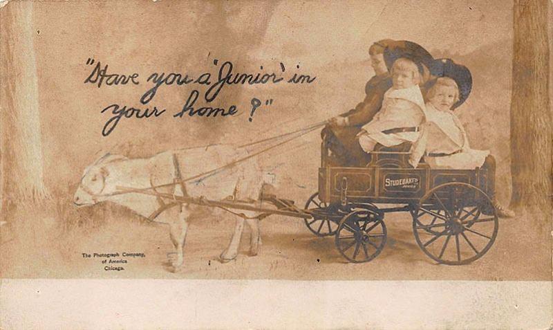 Studebaker Goat Pulling Wagon Children Advertising RPPC Postcard