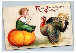 Vintage 1908 International Art Thanksgiving Postcard Boy on Pumpkin Giant Turkey