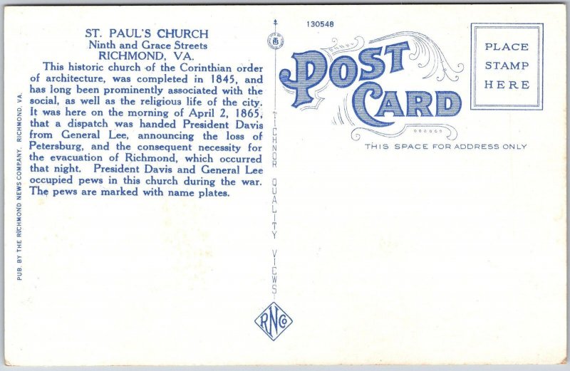 Old Saint Paul's Church and New Parish House Richmond Virginia VA Postcard