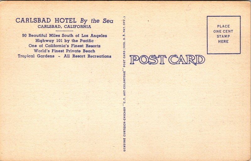 Linen Postcard Carlsbad Hotel By The Sea in Carlsbad, California~139791