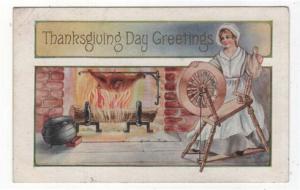 Early Thanksgiving Day Greetings PC, Woman With Spinning Wheel by The Fireplace