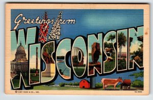 Greetings From Wisconsin Large Big Letter Postcard Curt Teich Unused Vintage