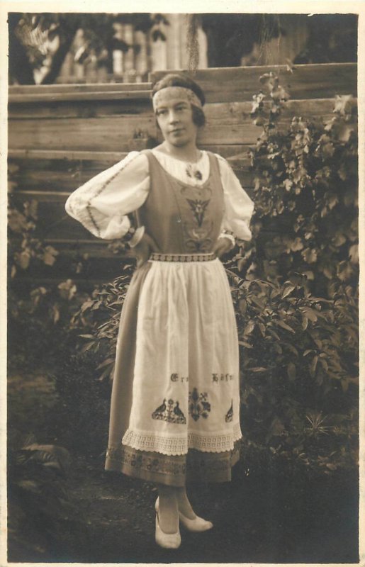 Social history early photo postcard lovely young lady folk type dress fashion