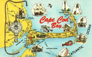 Vintage Postcard Large Letter Cape Cod Bay Massachusetts Map Atlantic Ocean MA