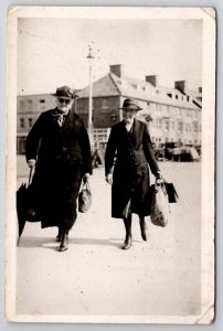 RPPC Candid Photo Two Old Women Purses Bags Umbrella Postcard G28