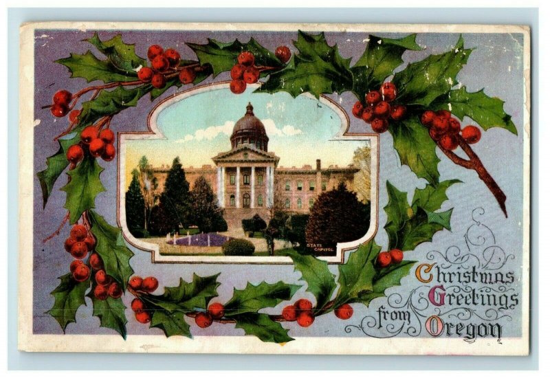 Circa 1910 Christmas Greetings From Oregon Capital Building Holly Berries P9