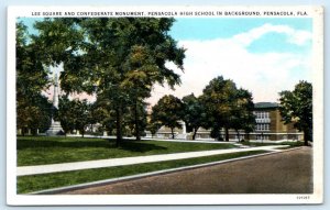 PENSACOLA, FL ~ Lee Square HIGH SCHOOL Confederate Monument c1920s  Postcard