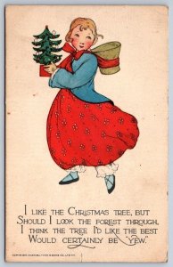 Girl Holds Small Christmas Tree, Antique Tuck Postcard, Art By S.L. Schmucker